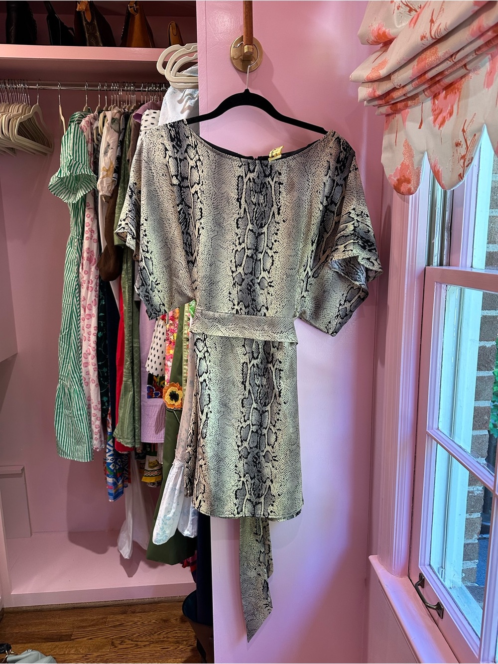 BCBGMaxAzria Black and Cream Snake Print Dress with Self Tie